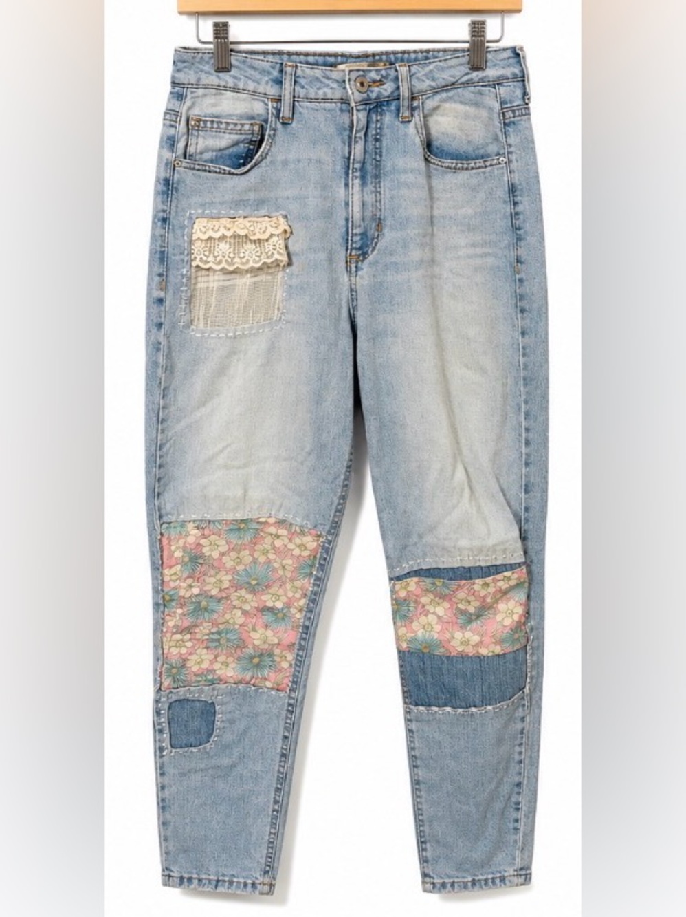 Guess Light Blue Denim Mom Jeans with Floral and Lace Patches